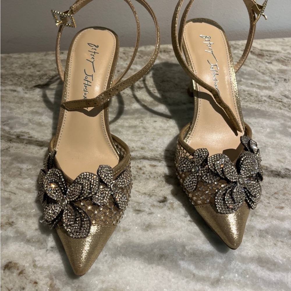 Betsy Johnson Elegant Gold Strappy Heels with Floral Accents - Picture 2 of 7